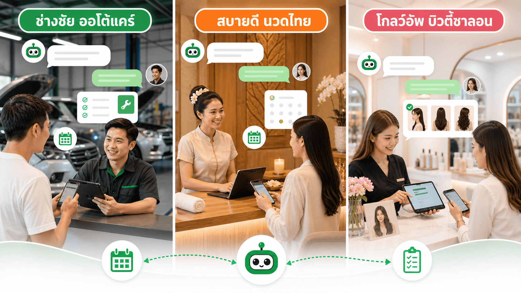 ตัวอย่างธุรกิจบริการในสถานที่ เช่น ออโต้แคร์ นวดไทย และบิวตี้ซาลอน