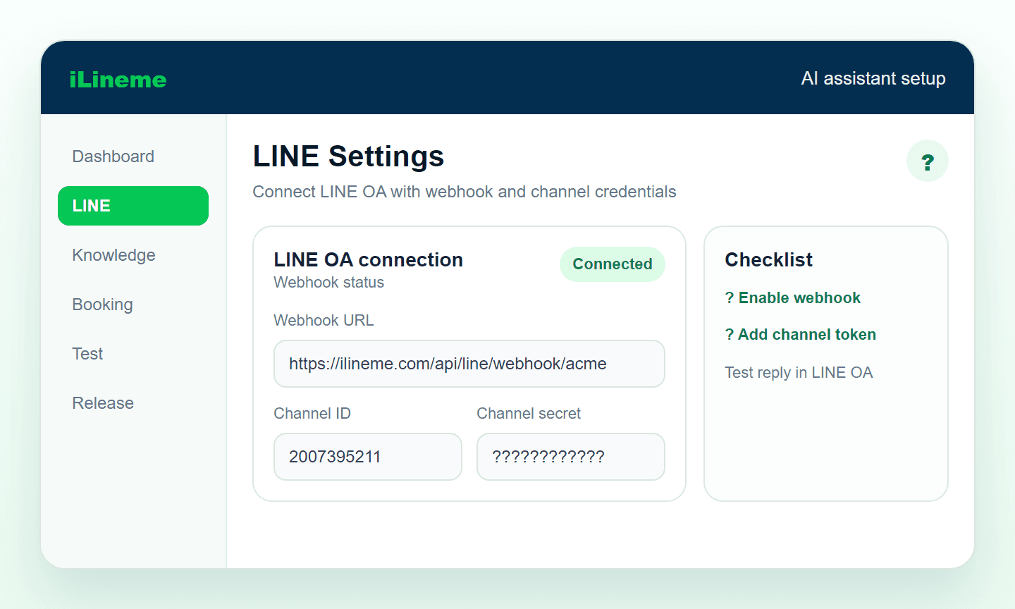 Screenshot showing how to connect LINE OA to iLineme