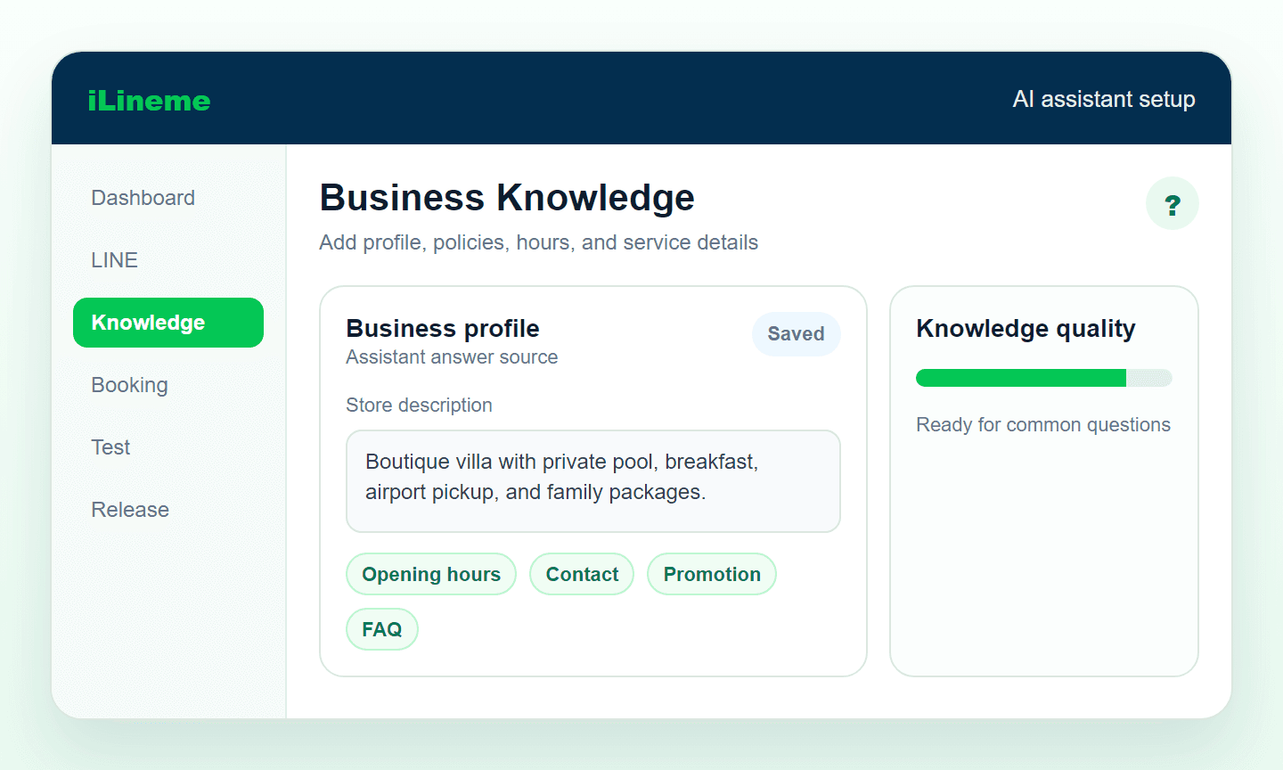 Screenshot showing how to add business data for the AI assistant