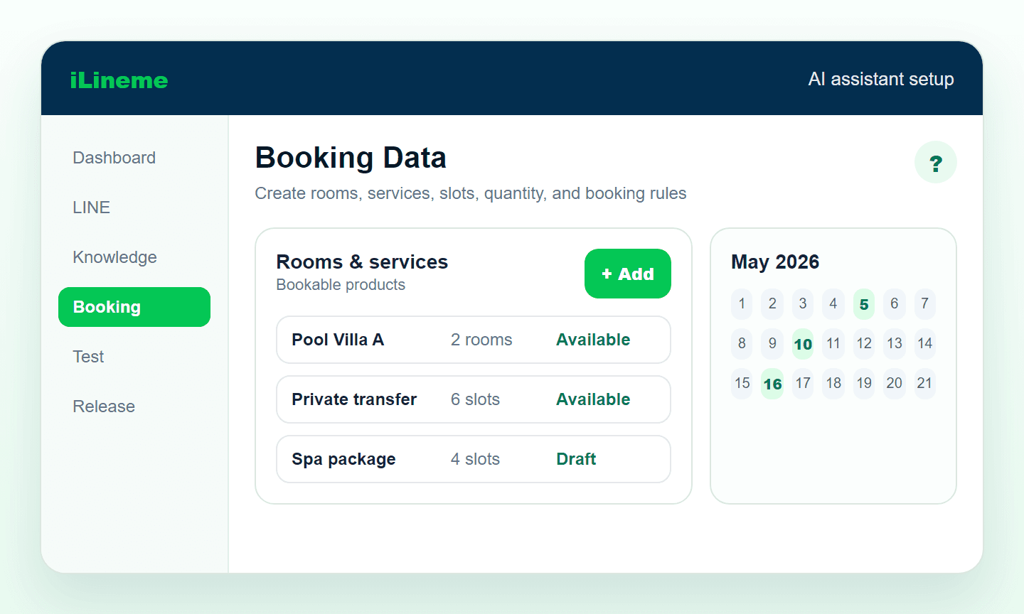 Screenshot showing how to add booking, room, or service data