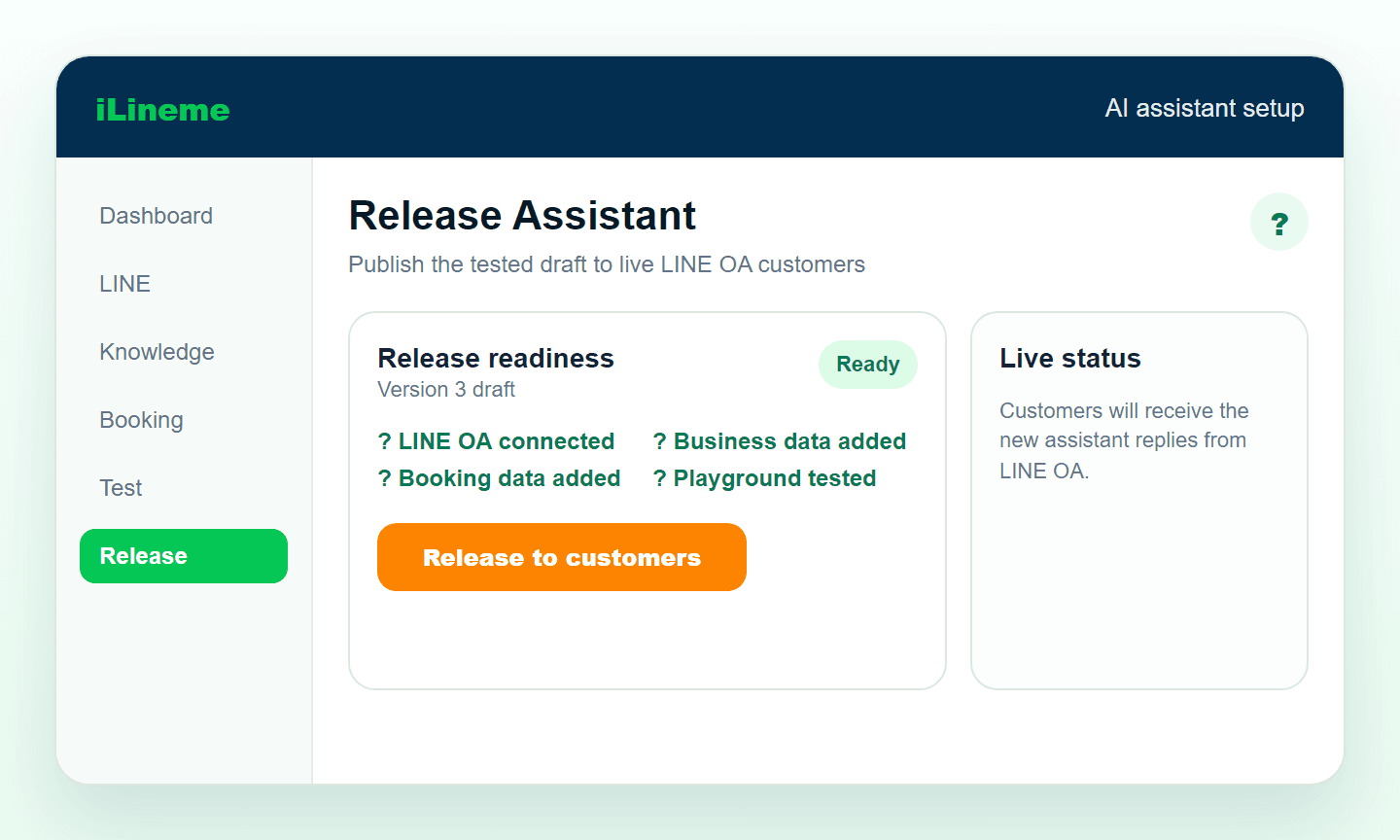 Screenshot showing how to release the AI assistant to customers